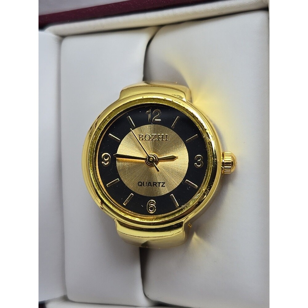 Bozhi Gold Tone Quartz Ring Watch Black Dial Adjustable Finger Retro New Battery